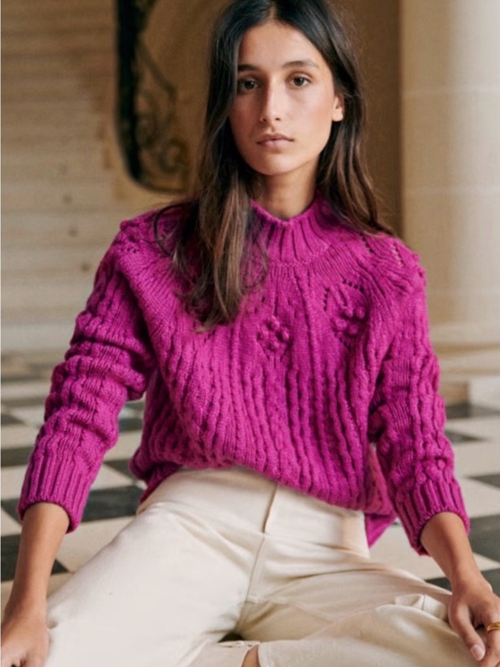 Sézane Aubin Jumper Magenta 100% Merino Wool Cable Knit Sweater XS